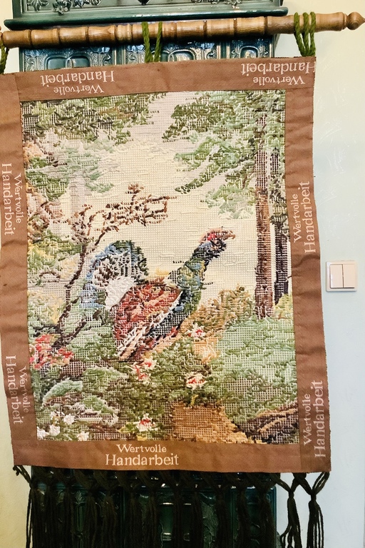 Tapestry for the hunting house. Capercaillie. Hand embroidered and two special hooks on an oak base