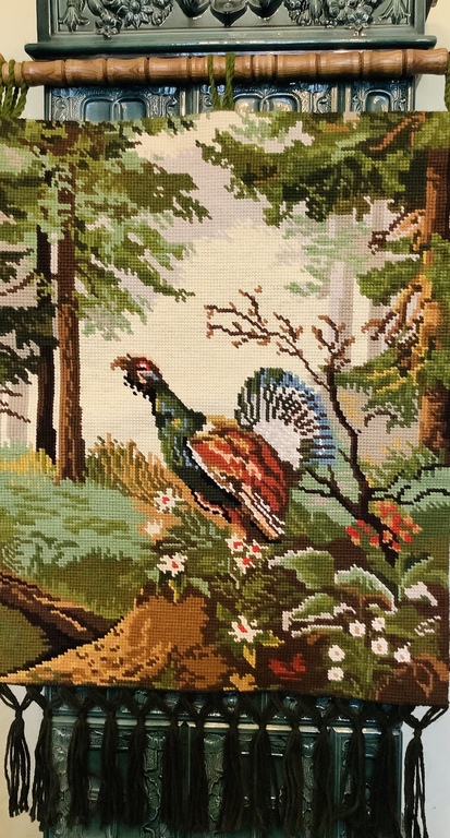 Tapestry for the hunting house. Capercaillie. Hand embroidered and two special hooks on an oak base