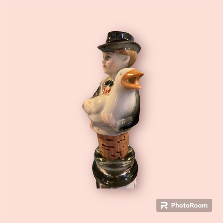 porcelain bottle cap farmer with goose, h-8.5cm