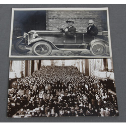 2 postcards - Man and woman in the car, group photo