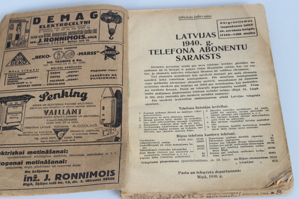 Latvian 1940 list of telephone subscriptions