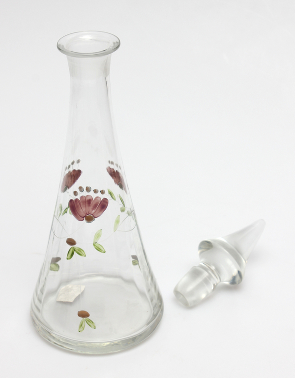 Glass decanter with painted floral decoration