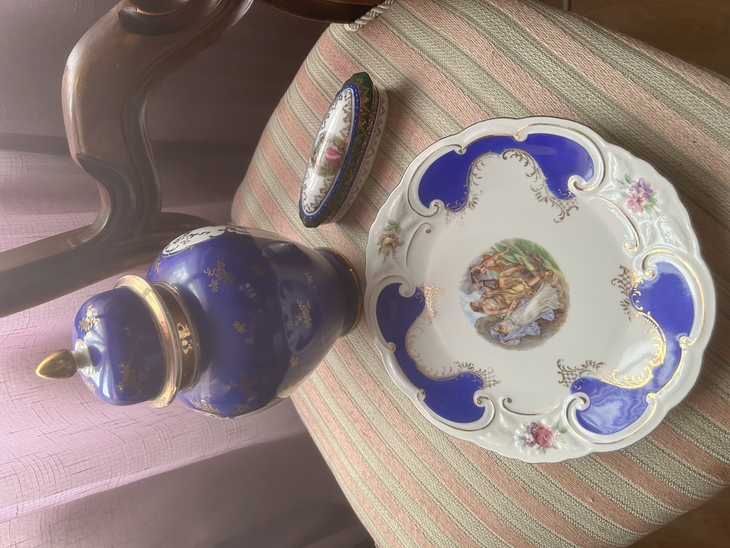 Bavaria Bareuther porcelain painted decorative plate, Trianon blue Urn with lid and small porcelain box with lid