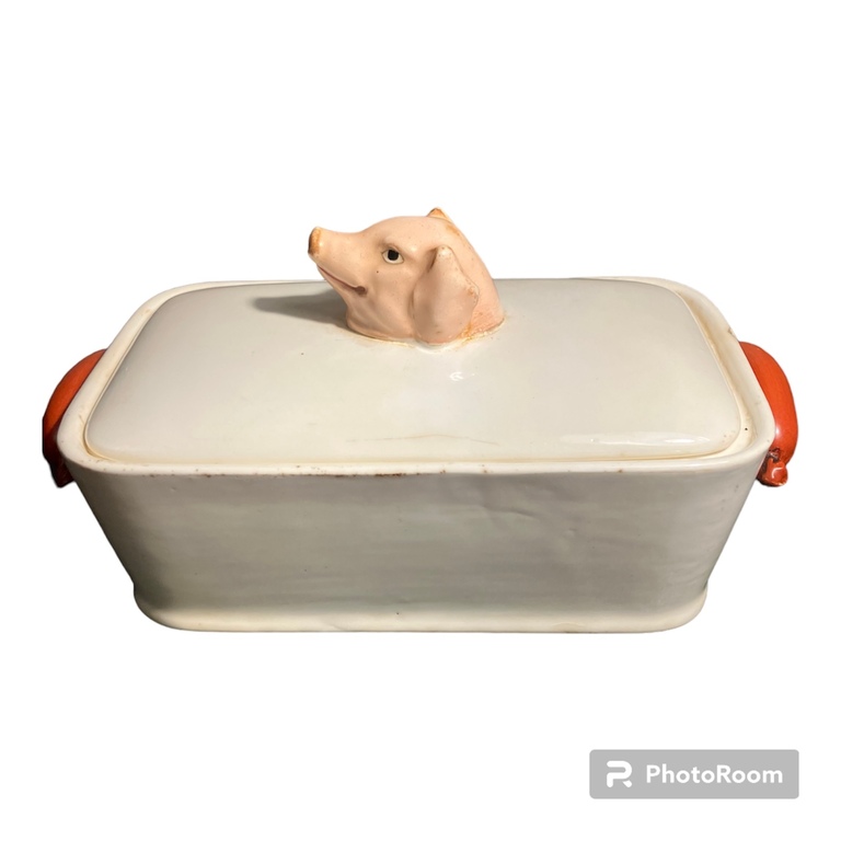 small art deco sausage dish with a pink pig's head - hot sausages, ROESSLER 1920 GERMANY
