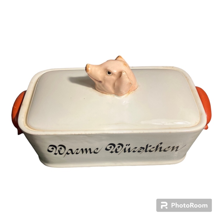 small art deco sausage dish with a pink pig's head - hot sausages, ROESSLER 1920 GERMANY
