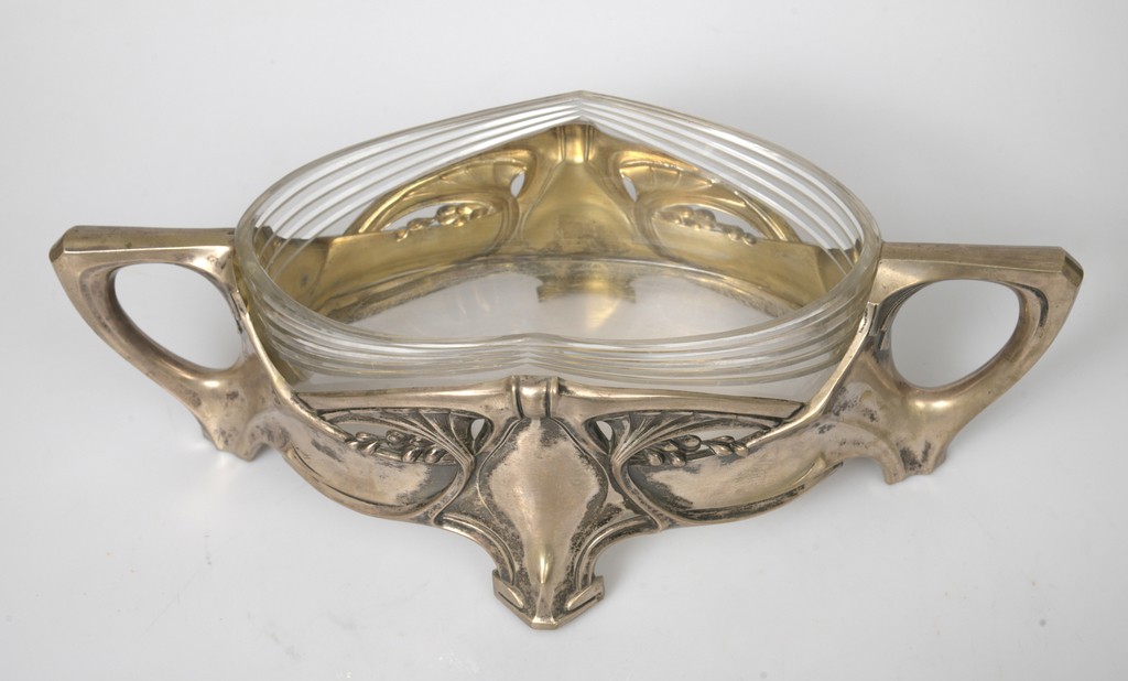Art Nouveau glass fruit bowl with silver finish