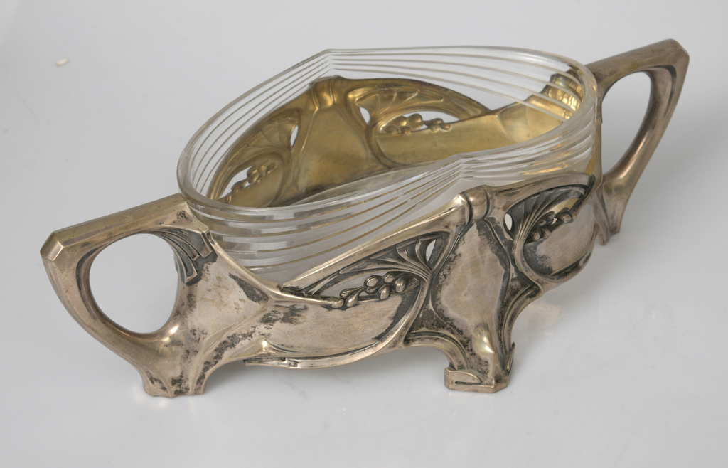 Art Nouveau glass fruit bowl with silver finish