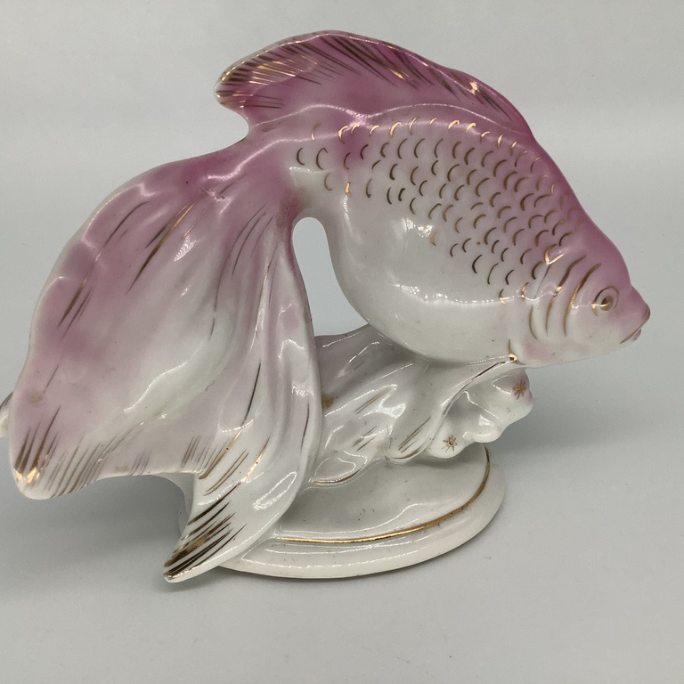 Veiltail fish.Riga porcelain factory.Rare hand-painted.Pink. Author: M. Dzhelagoniya
