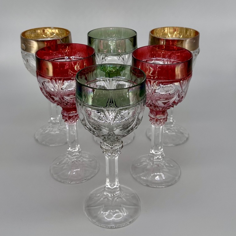 Large and heavy glasses/cups made of over-colored crystal. Handmade, Bohemia, pre-war