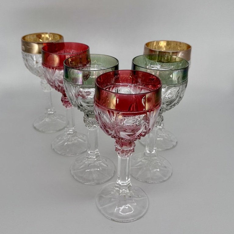 Large and heavy glasses/cups made of over-colored crystal. Handmade, Bohemia, pre-war