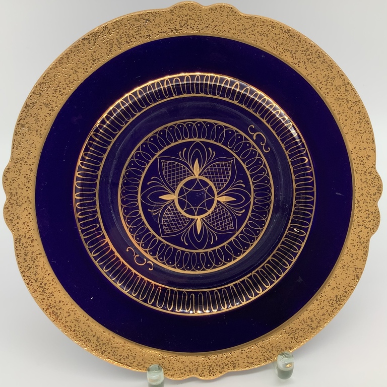 Tea pair and cake plate.Cobalt and gold.Rare shape and handle.Count Heneberg