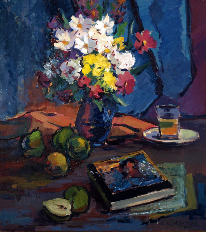 Still life with flowers and books