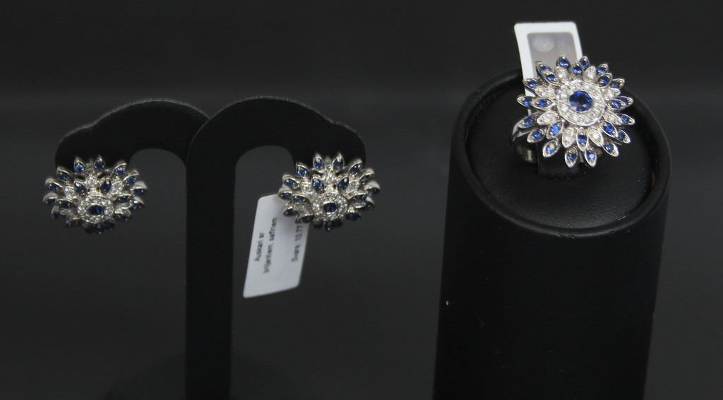 White gold ring and earrings with brilliants and sapphires