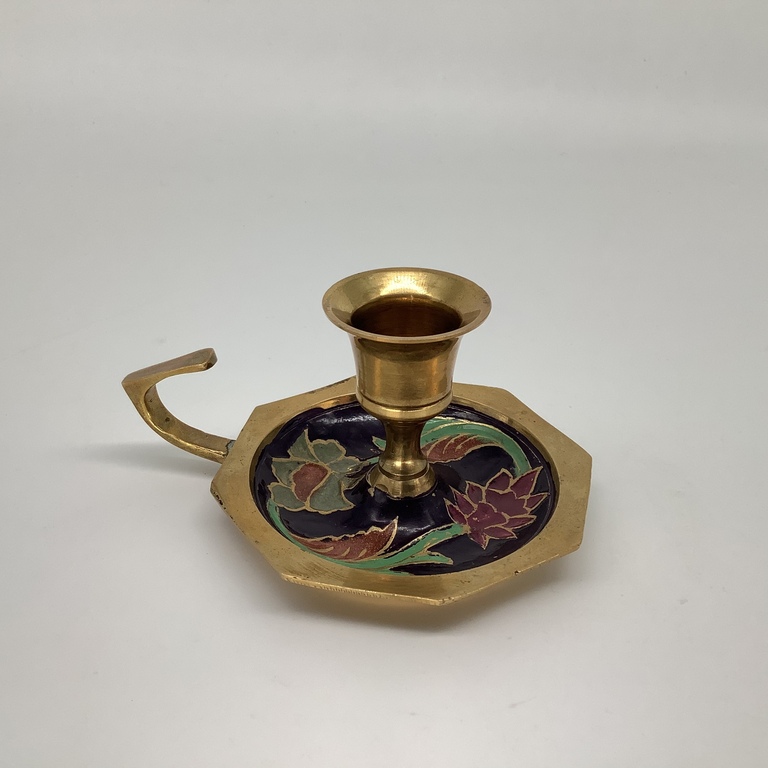 Brass candlestick for one candle with hot enamel. Russia. Night light with handle.