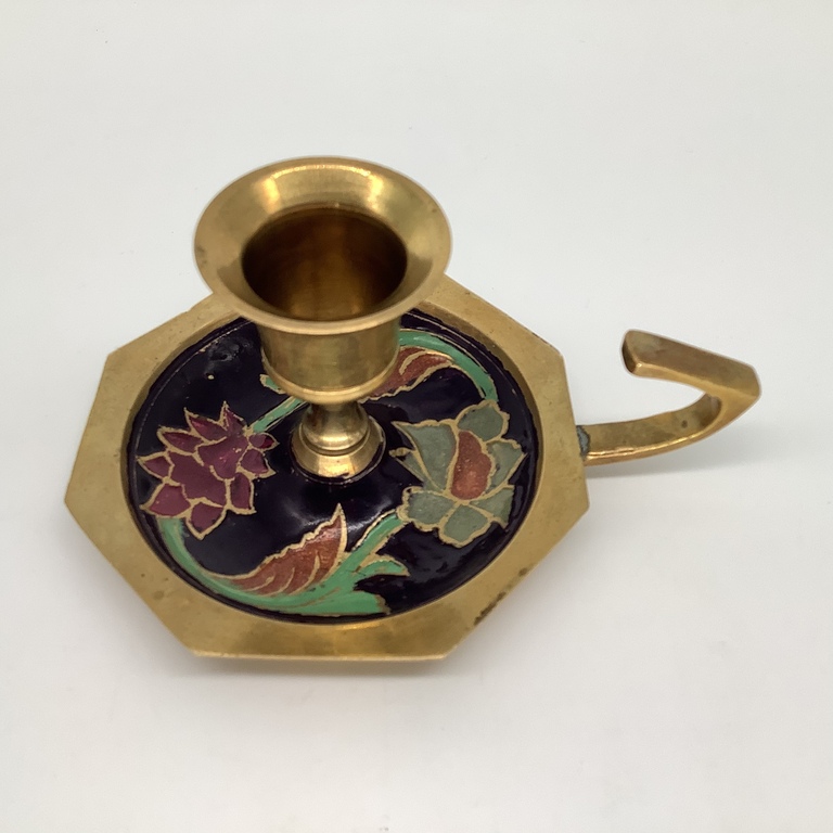 Brass candlestick for one candle with hot enamel. Russia. Night light with handle.