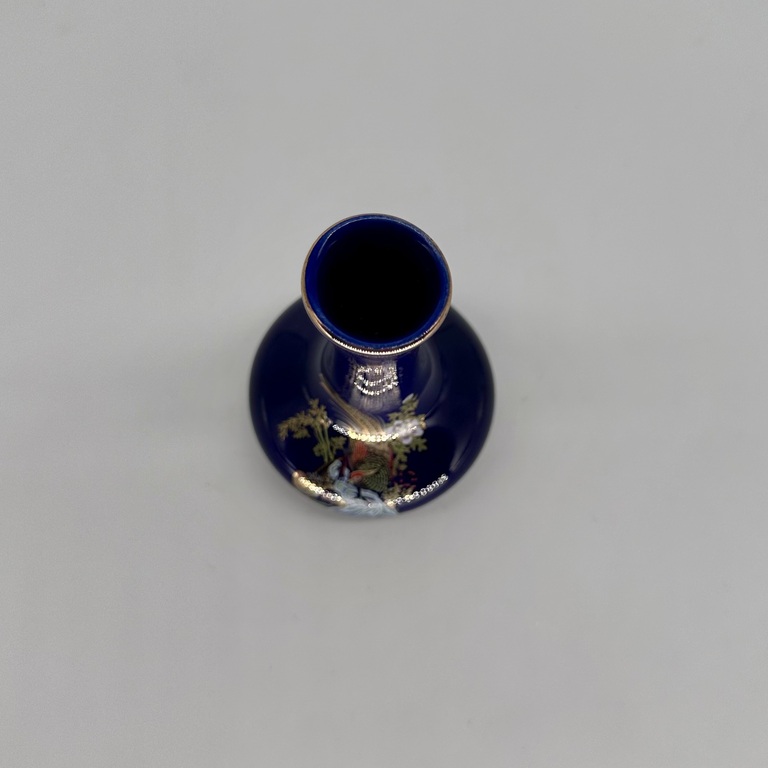 Miniatūra kobalta vāze. Fazāns ar rokām apgleznoti 60. gadi.