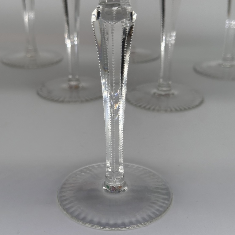 Set of champagne glasses Val st. lambert. Early 20th century. Hand sanded faceted leg