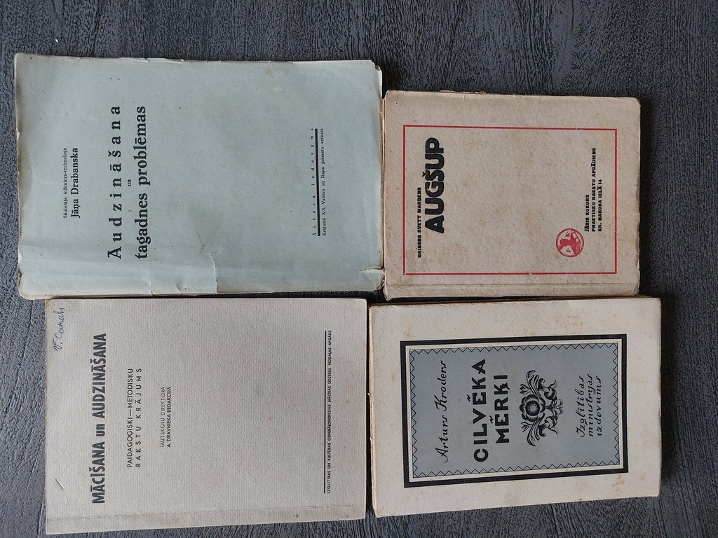 1. Artūrs Crowder HUMAN GOALS 1921 2. Oriron Svett Marlene UP 1928 3. TEACHING and EDUCATION. A collection of pedagogical-methodical articles 1930; 4. EDUCATION and CURRENT PROBLEMS