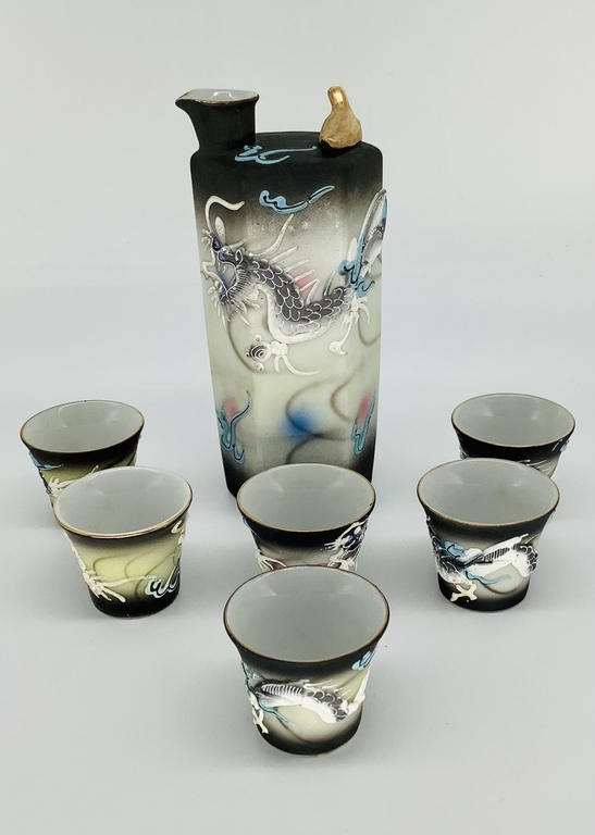 Japanese set of Satsuma Dainan sake with dragons. Lithofanya. Rare hallmark. Early 20th century.