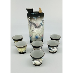 Japanese set of Satsuma Dainan sake with dragons. Lithofanya. Rare hallmark. Early 20th century.