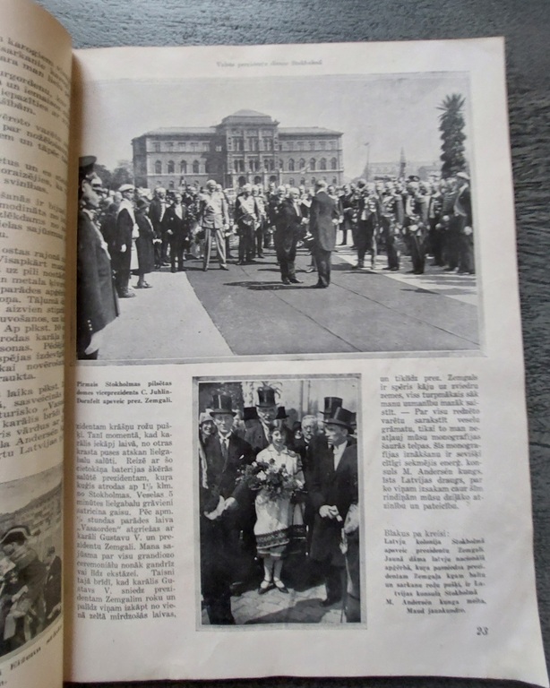 LATVIJA- ZVIEDRIJA  ILLUSTRĒTS RAKSTU KRĀJUMS  veltīts Zviedrijai un Latvijai,sakarā ar Valsts prezidenta G. Zemgala apciemojumu  Zviedrijai un karaļa Gustava V. apciemojumu Latvijai Rīga 1929 g. .