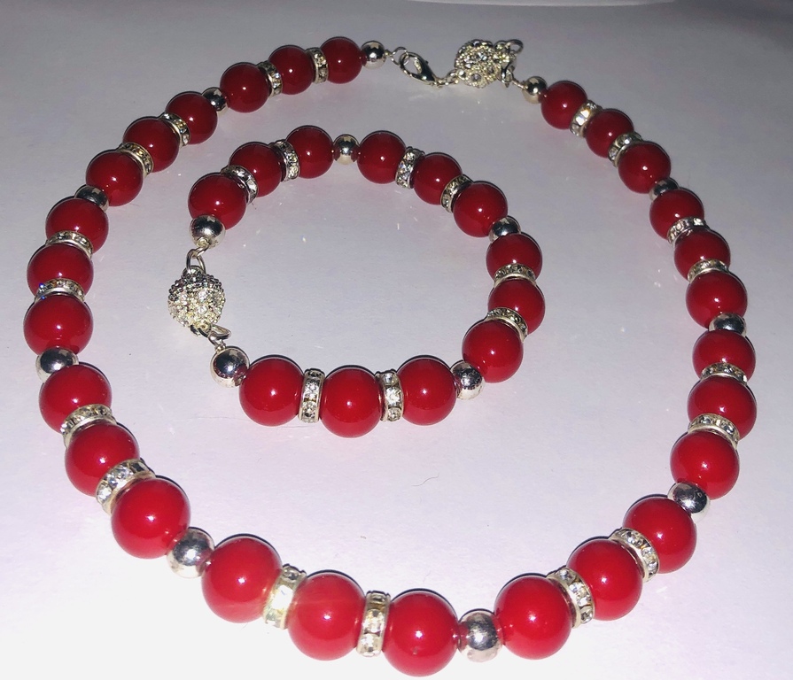 Red coral ball necklace, bracelet and earring set with magnetic closure with cubic zirconias.