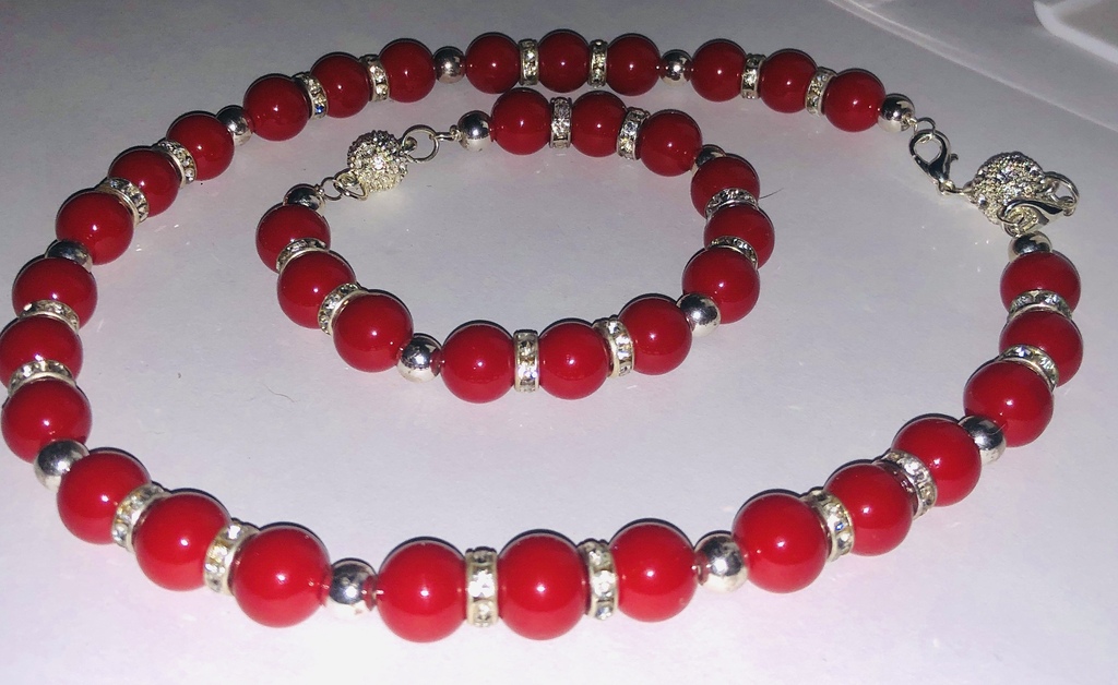 Red coral ball necklace, bracelet and earring set with magnetic closure with cubic zirconias.