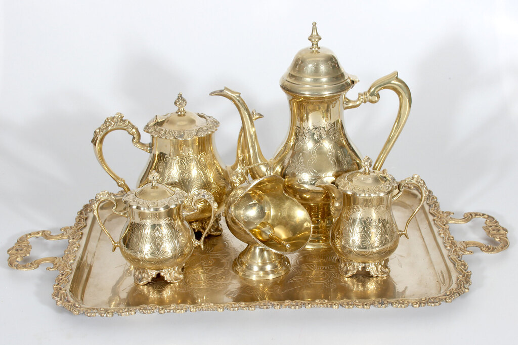 Bronze nickel-plated, silver-plated coffee serving dishes with tray