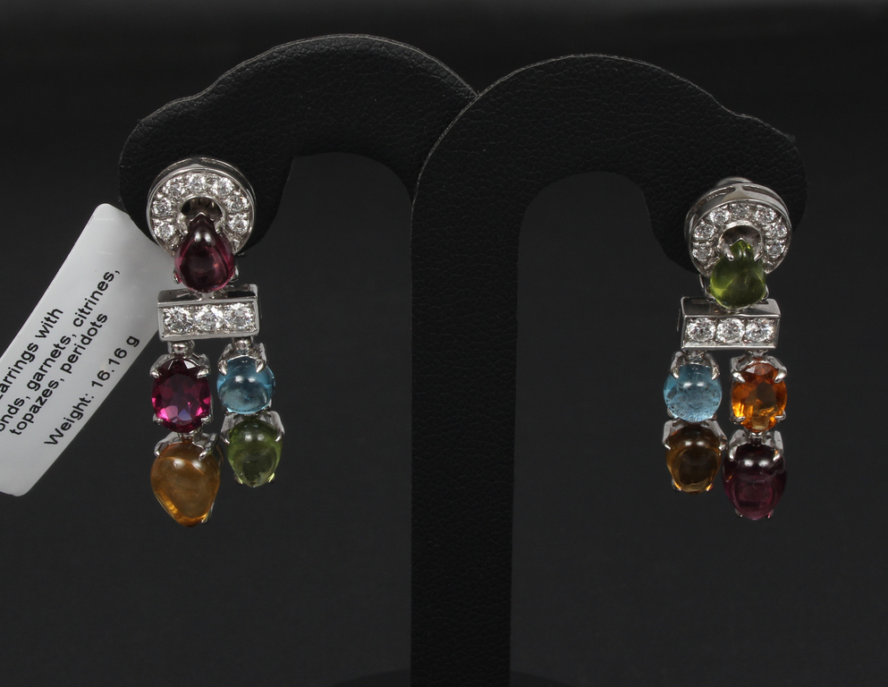 Necklace and earrings with diamonds, citrite, garnet, peridot, topaz