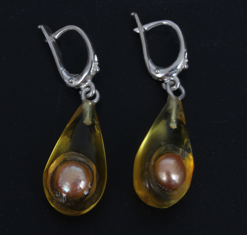 Amber earrings with silver and pearl