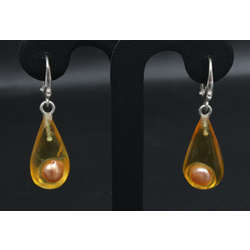 Amber earrings with silver and pearl