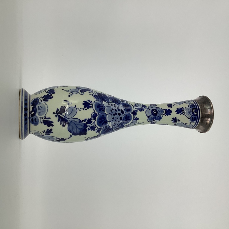 Vase Delft, Holland, the beginning of the last century. Edged silver 925. Hand painted with cobalt