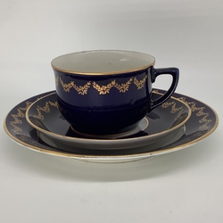 Large tea pair and cake plate.Riga.Cobalt and gold hand painted.Rare in excellent condition
