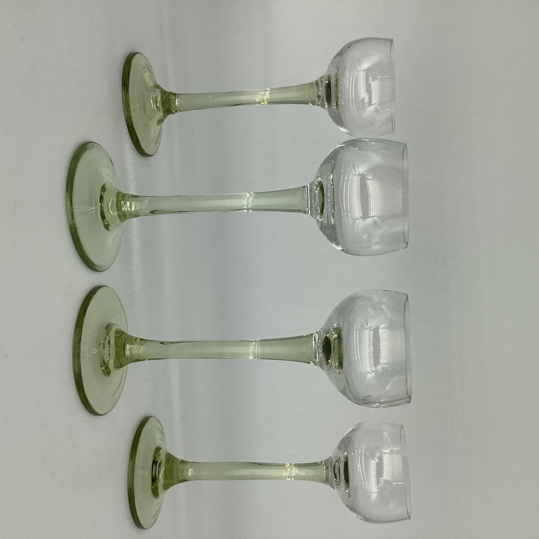 4 pcs Liquor glasses on a long stem, green glass, 20 years Bohemia