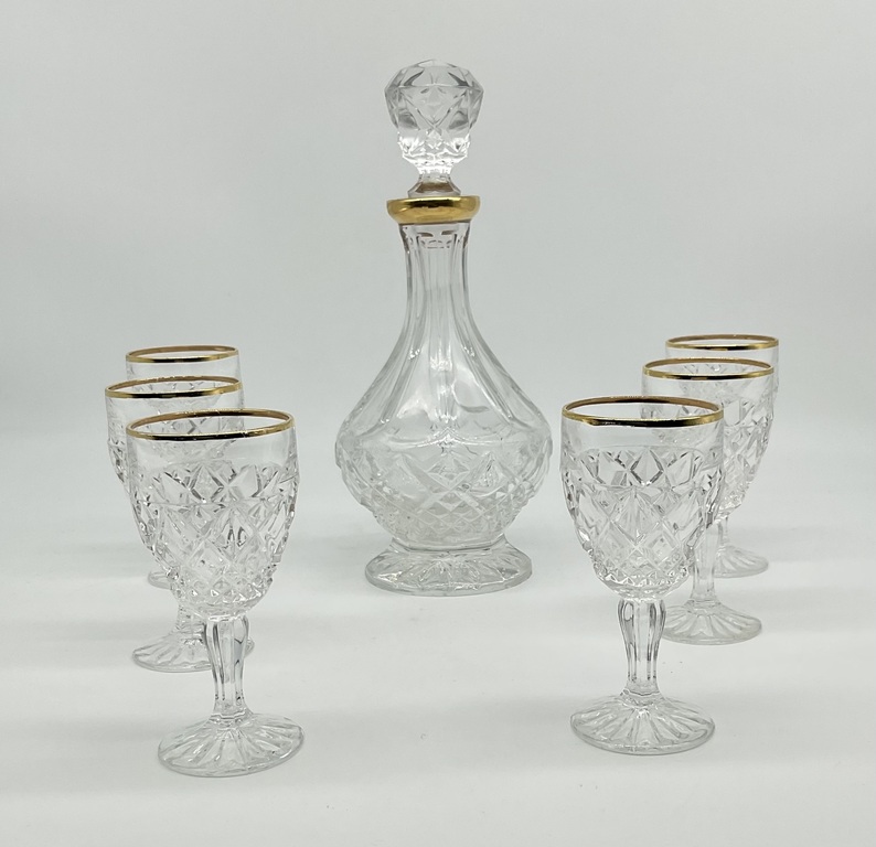 Decanter with glasses. 6 pcs. Crystal Bohemia. Mid 20th century