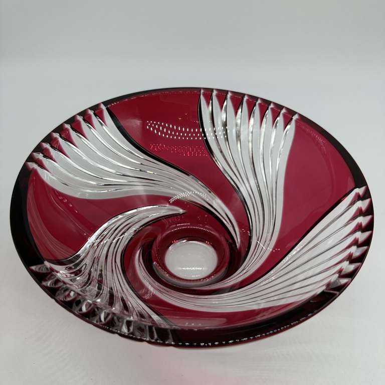 Crystal bowl made of ruby glass. Self made. Fine grinding. Bohemia