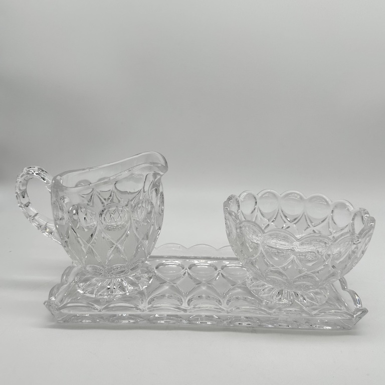 Princess House Dots and diamond pattern Lead Crystal Sugar, Creamer & Tray.