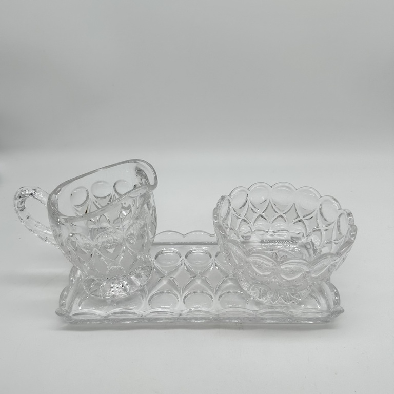 Princess House Dots and diamond pattern Lead Crystal Sugar, Creamer & Tray.