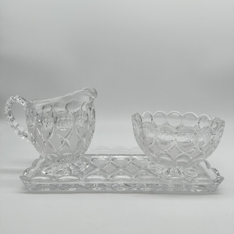 Princess House Dots and diamond pattern Lead Crystal Sugar, Creamer & Tray.