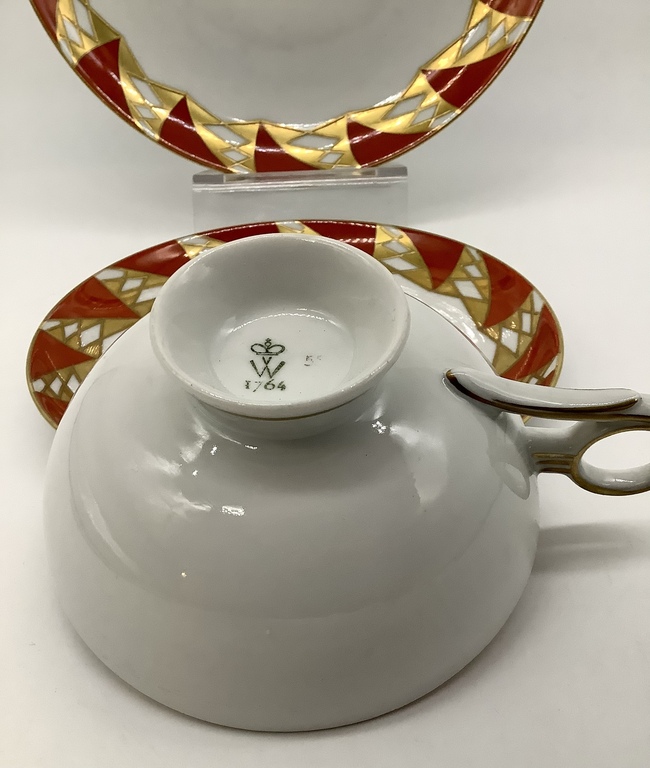 Wallendorf.Art Deco.Tea pair and cake plate.Extensive gold painting.Last century.