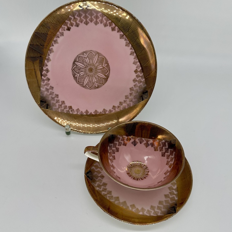 Tea pair and cake plate. Gold painting. Art Deco 60s
