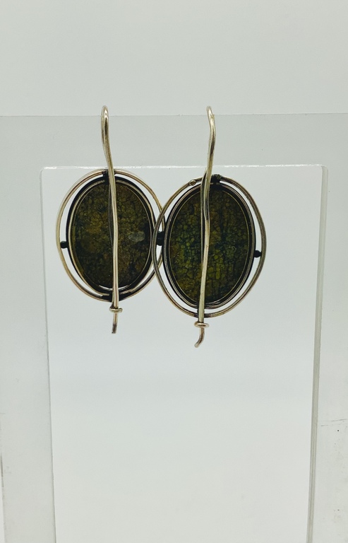 Pair of large earrings, silver, serpentine. Art Deco. Riga.
