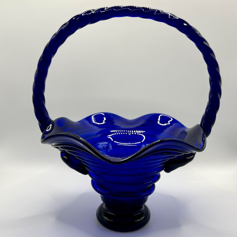 Handmade Spiral Optical Glass Cobalt Glass Basket with Corrugated Edges