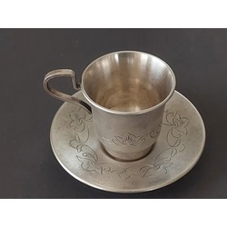 Cupronickel silver coffee mug with saucer. Silver plated, engraved. 5 YUMMET 107 gr.