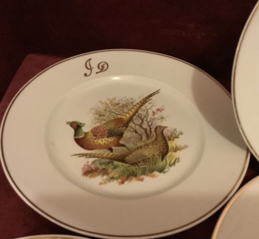 Limoges, old and rare hallmark. 6 plates for game pate. Antique neckline with additional painting.