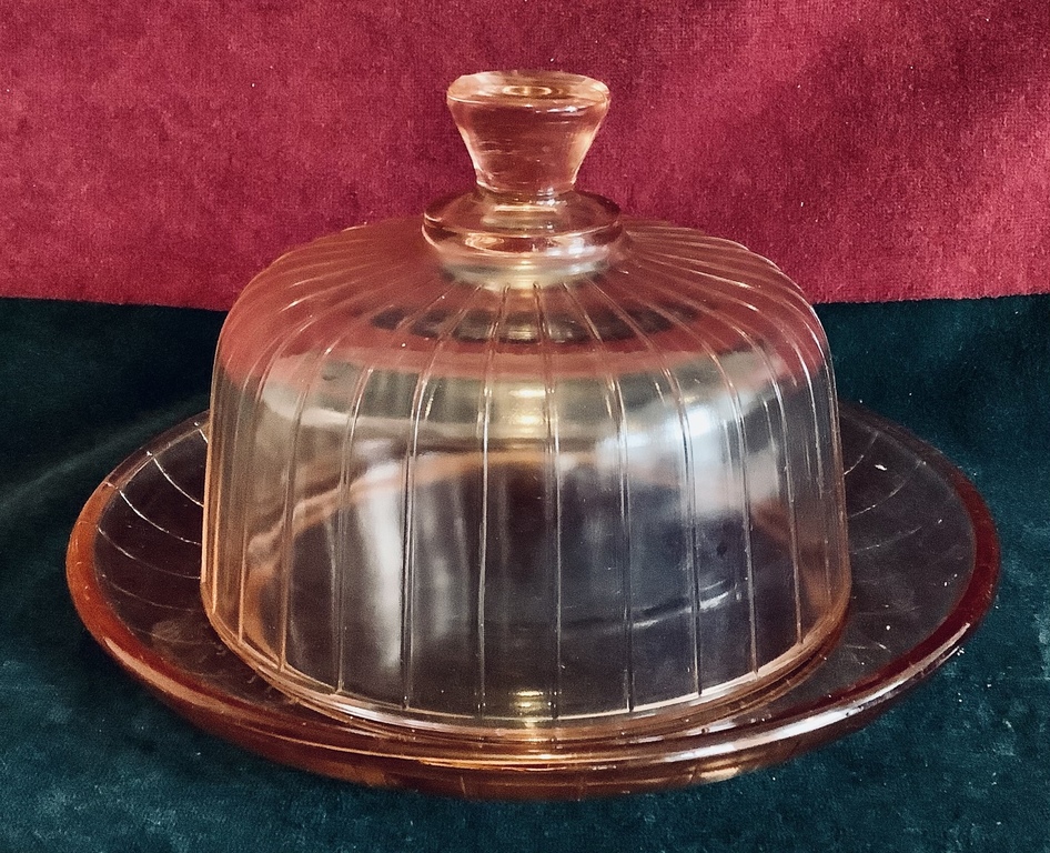 Large butter dish, cheesecake made of pink, pressed glass. Russia. Dyadkovo Glass Factory. Neman.