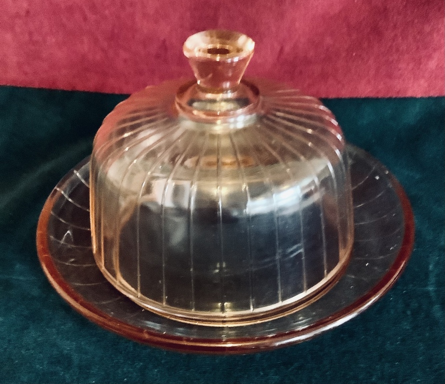 Large butter dish, cheesecake made of pink, pressed glass. Russia. Dyadkovo Glass Factory. Neman.