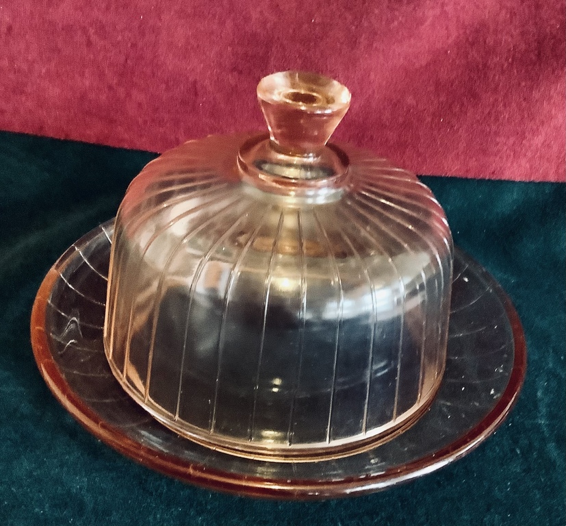 Large butter dish, cheesecake made of pink, pressed glass. Russia. Dyadkovo Glass Factory. Neman.