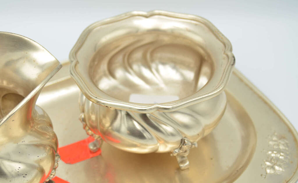 Set of silver objects - tray, sugar bowl, cream bowl