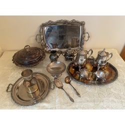 Silver plated tea/coffee set with two pots, creamer and sugar bowl.